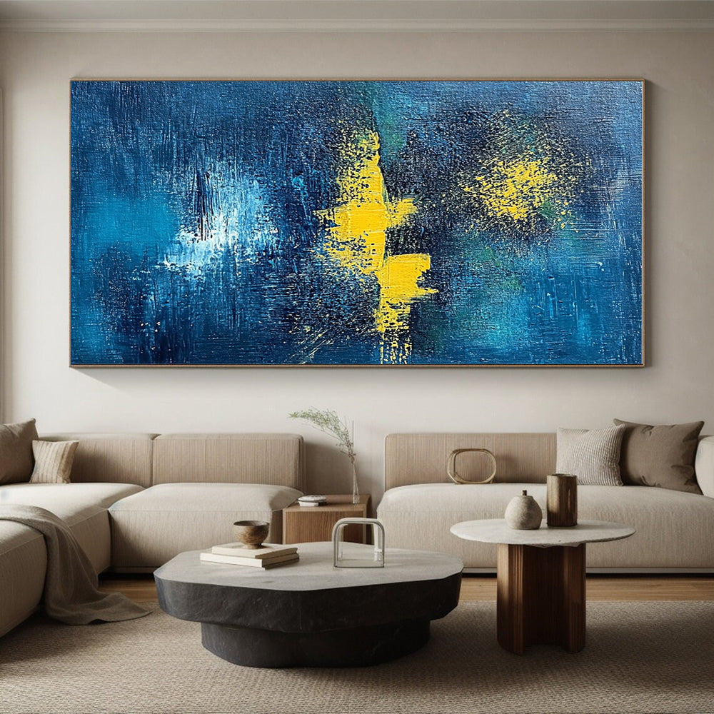 Dark Blue and Yellow Abstract Painting with Ethereal Glows GER394