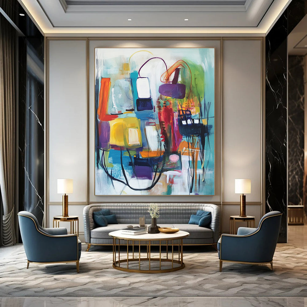 A large abstract painting featuring vibrant shapes and colors, depicting buildings and organic movement, created with expressive oil paint techniques.STSC823