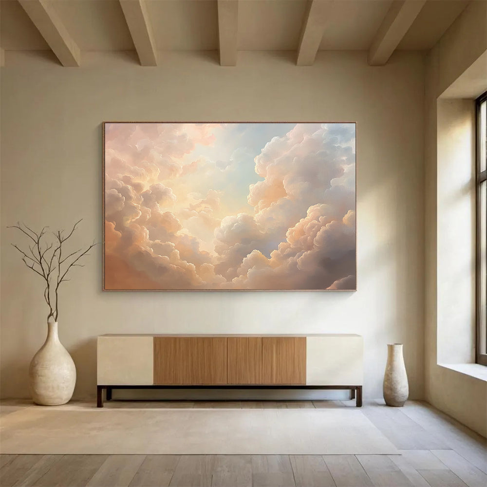 A stunning abstract oil painting featuring beautiful clouds in pink and peach tones, creating an ethereal atmosphere with soft light.SC406
