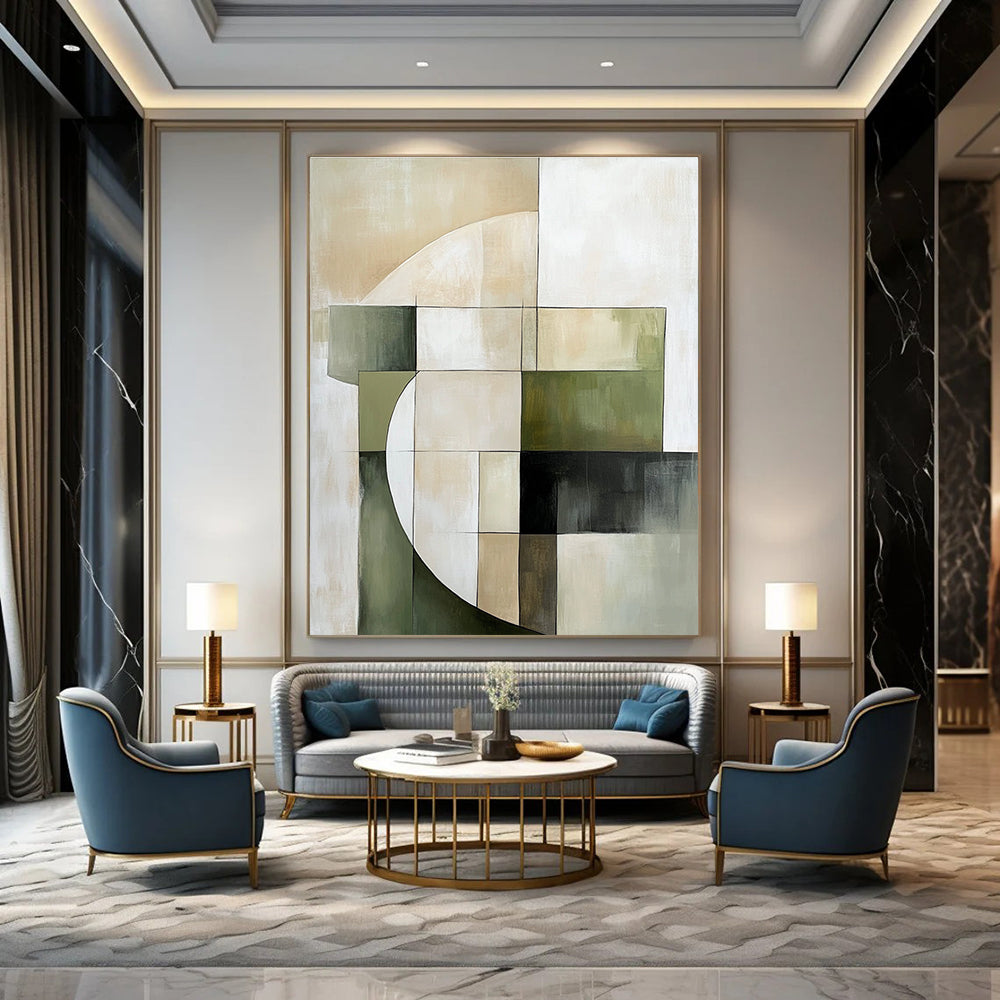 Large abstract painting featuring soft edges geometric forms in green and beige on a neutral background creating an elegant minimalist composition.STSC430