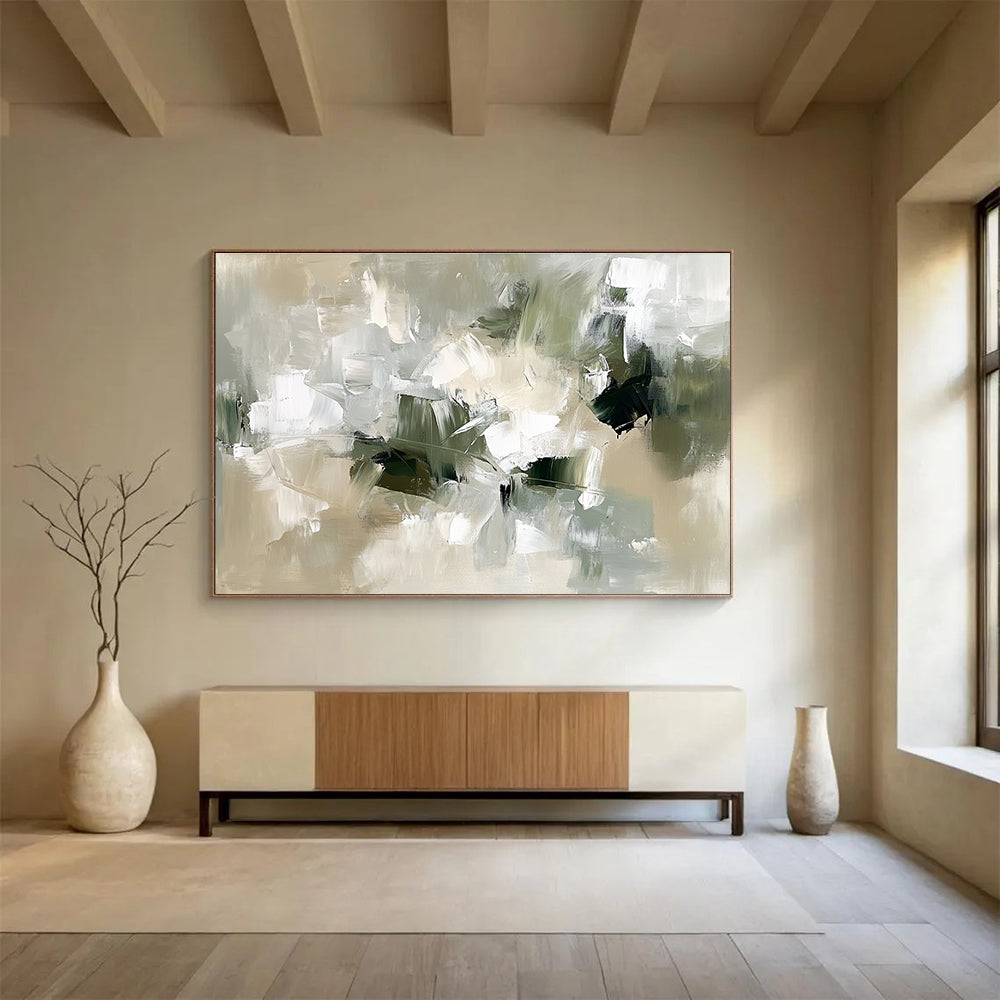 Large abstract painting in neutral colors with green and white thick brush strokes and organic shapes in an impressionistic style.SC351