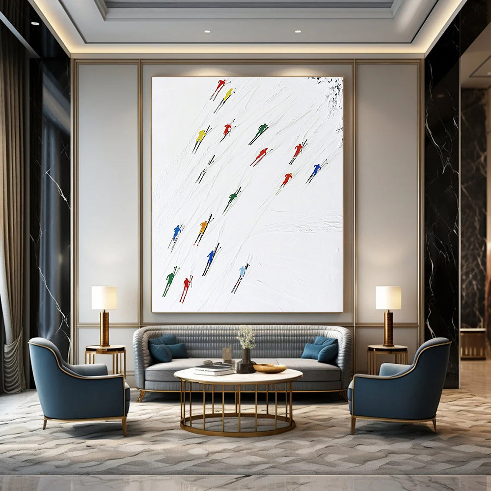 A large abstract painting featuring colorful skiers dynamically moving across the snow capturing speed and vitality in a minimalist style.STSC986