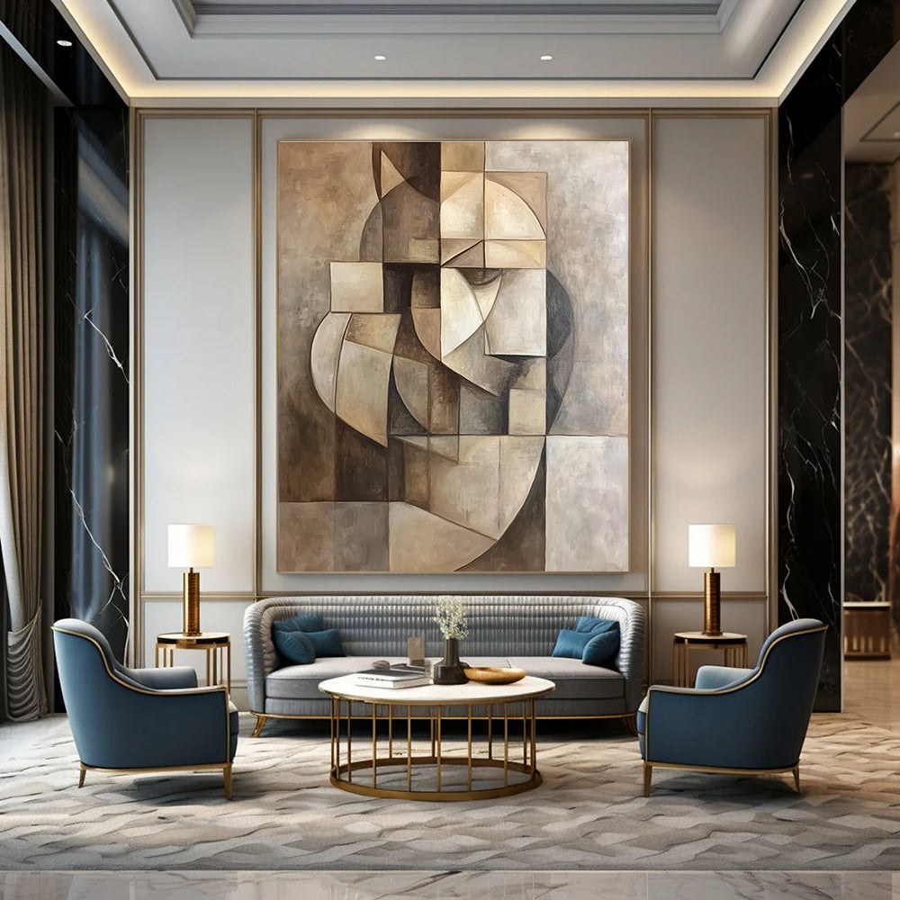 A large abstract painting features a geometric composition in muted colors, inspired by Picasso's cubist style for a sophisticated aesthetic.STSC859