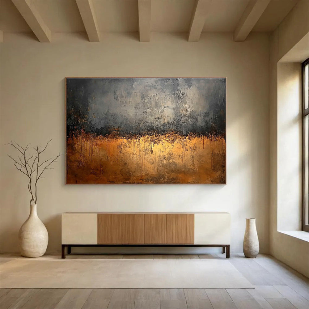 Large abstract painting featuring gray and brown tones with a dark background and golden metal surface highlighting rusty steel elements.SC146