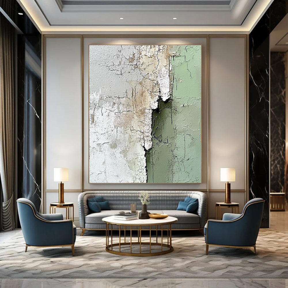 Large abstract painting with impasto texture in sage green and white showcasing peeling paint details for a unique artistic touch.STSC384