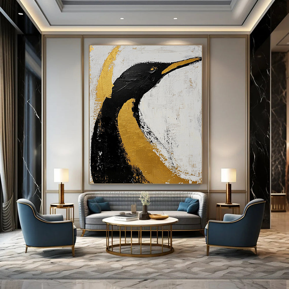 Large abstract art featuring a black and gold penguin on a white background with clean dark lines brush strokes and gold leaf accents.STSC010