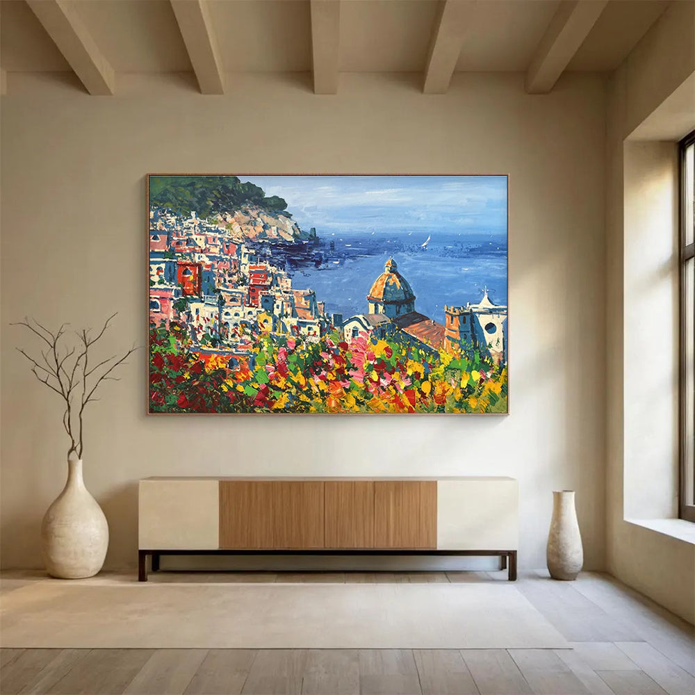 Coastal Town with Flowers Impressionist Painting THY457