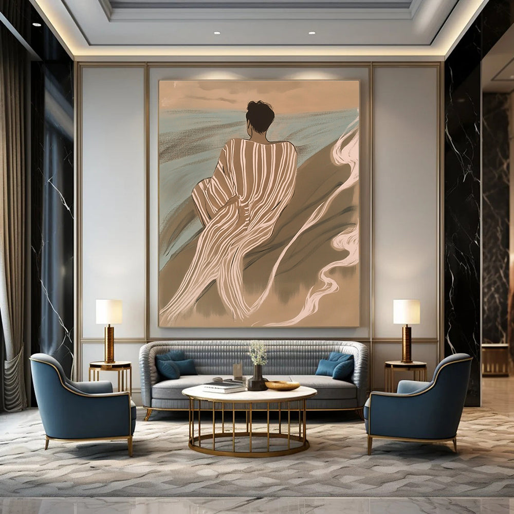 A large abstract painting featuring an Asian man in striped robes surrounded by waves and smoke in soft tones of brown and blue.STSC1104