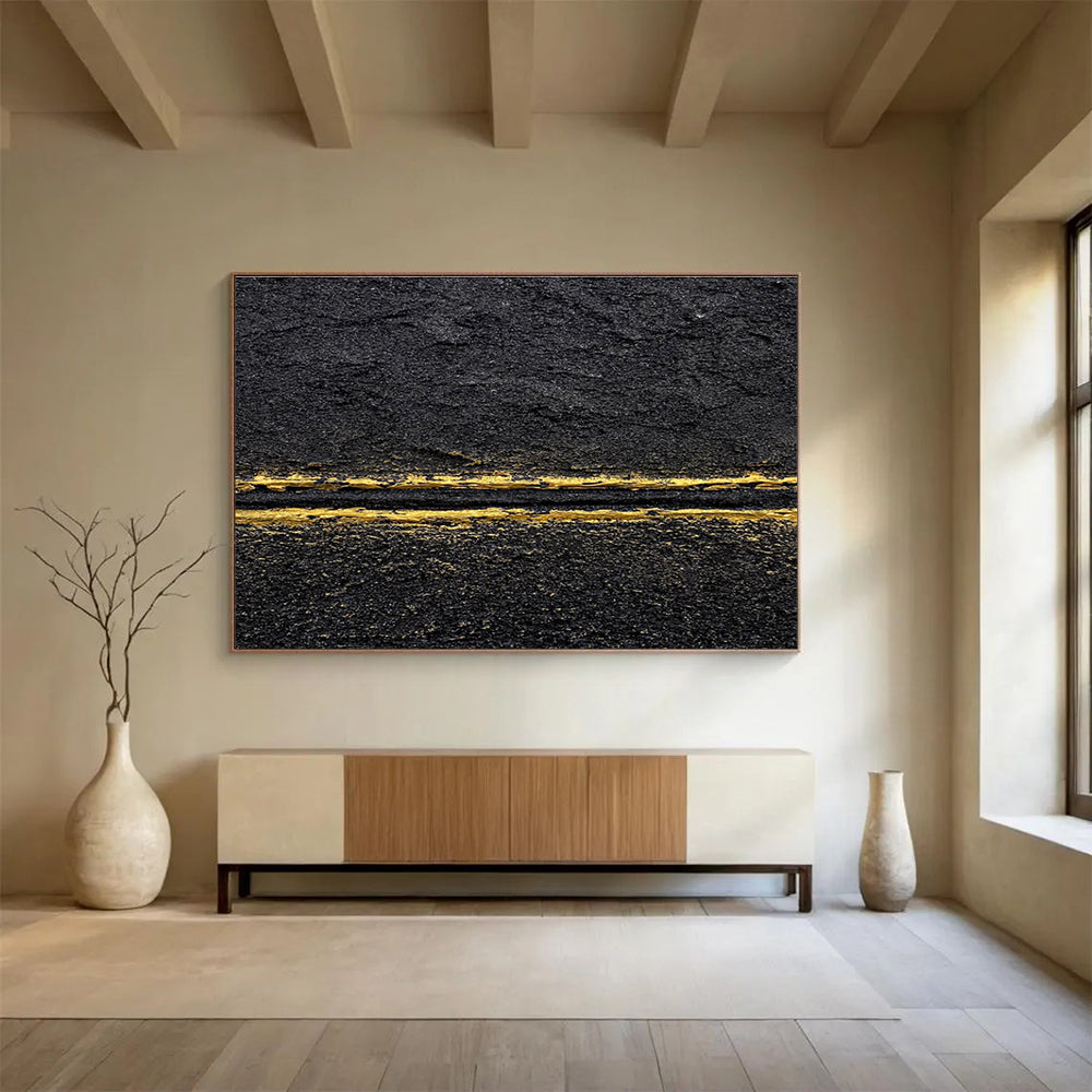 Black Gold Abstract Painting with Sleek - Sophisticated Lines THY367