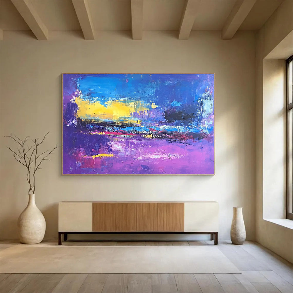 Large abstract painting depicting a violet and blue landscape inspired by Richard Diebenkorn's style.SC044