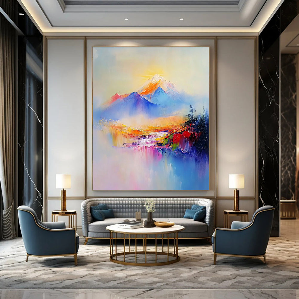 Abstract painting of Mount Redoubt featuring soft pastel colors gentle brush strokes light blue sky and a light purple river flowing through the valley.STSC323