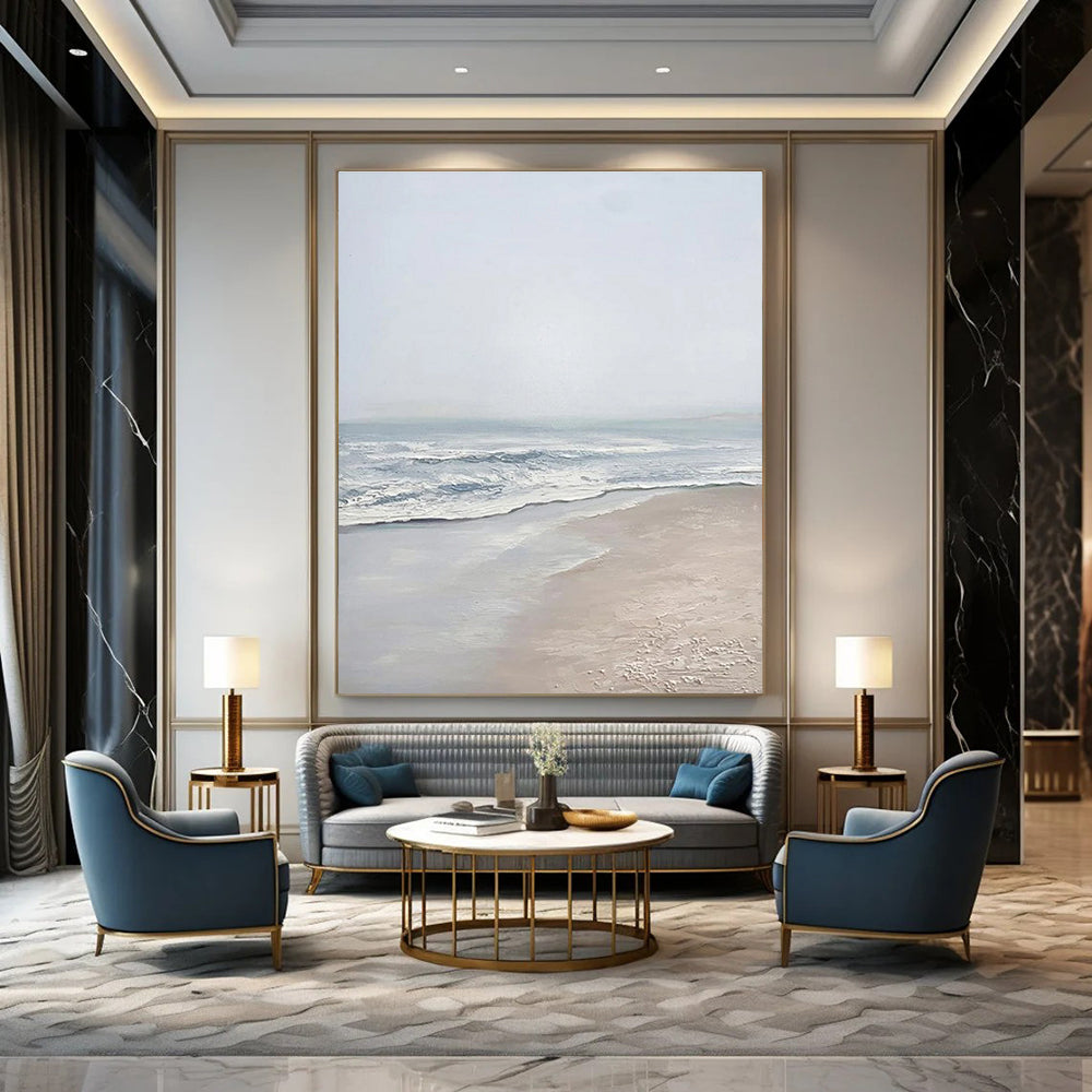 Light - toned Beach Scene Abstract Painting with Blue and Beige ADGE310