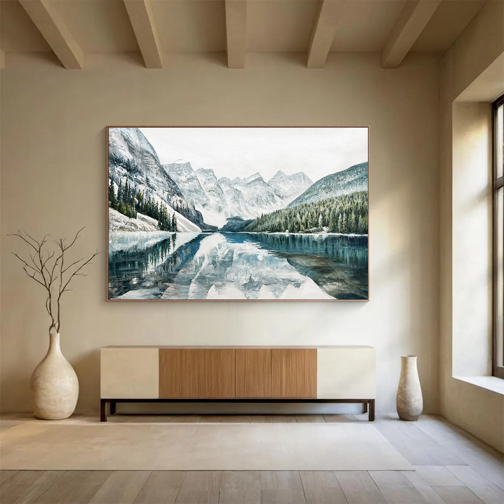 Snowy Mountain Lake Abstract Painting with Blue, White, and Green Tones THY221