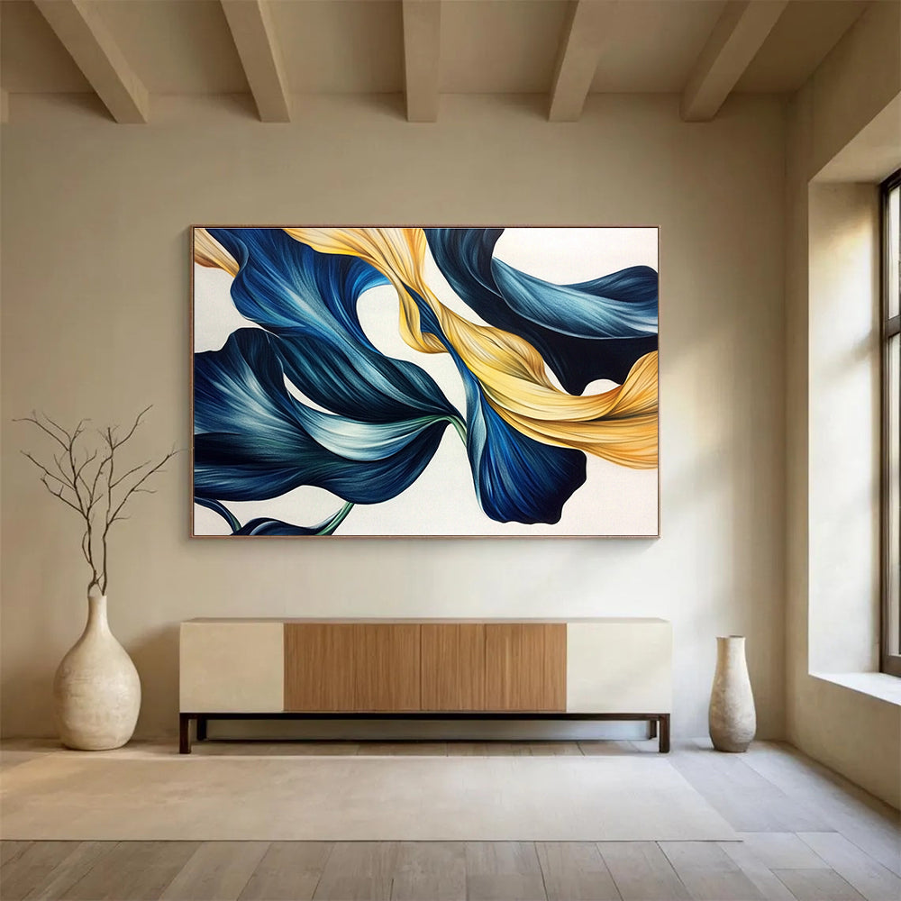An abstract drawing of blue and gold tulip leaves with flowing lines in dark green and light gray on a white background.SC583