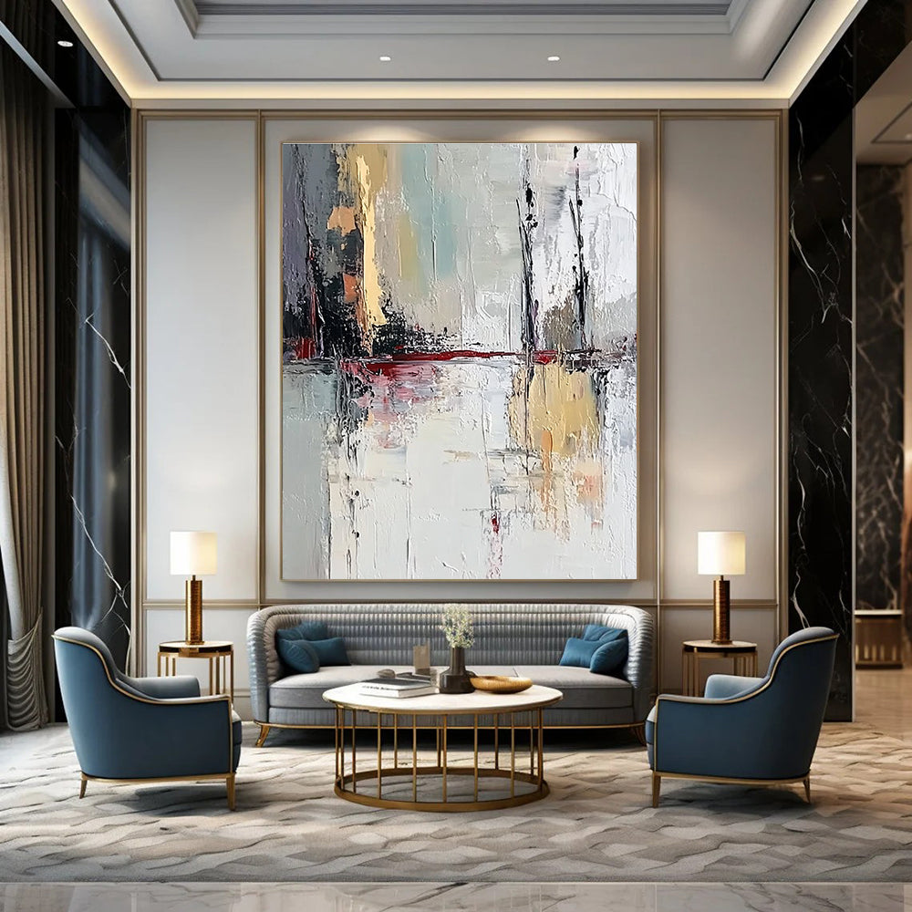 Large abstract painting featuring muted white and grey colors showcasing a lake reflection with thick brush strokes on textured canvas.STSC601