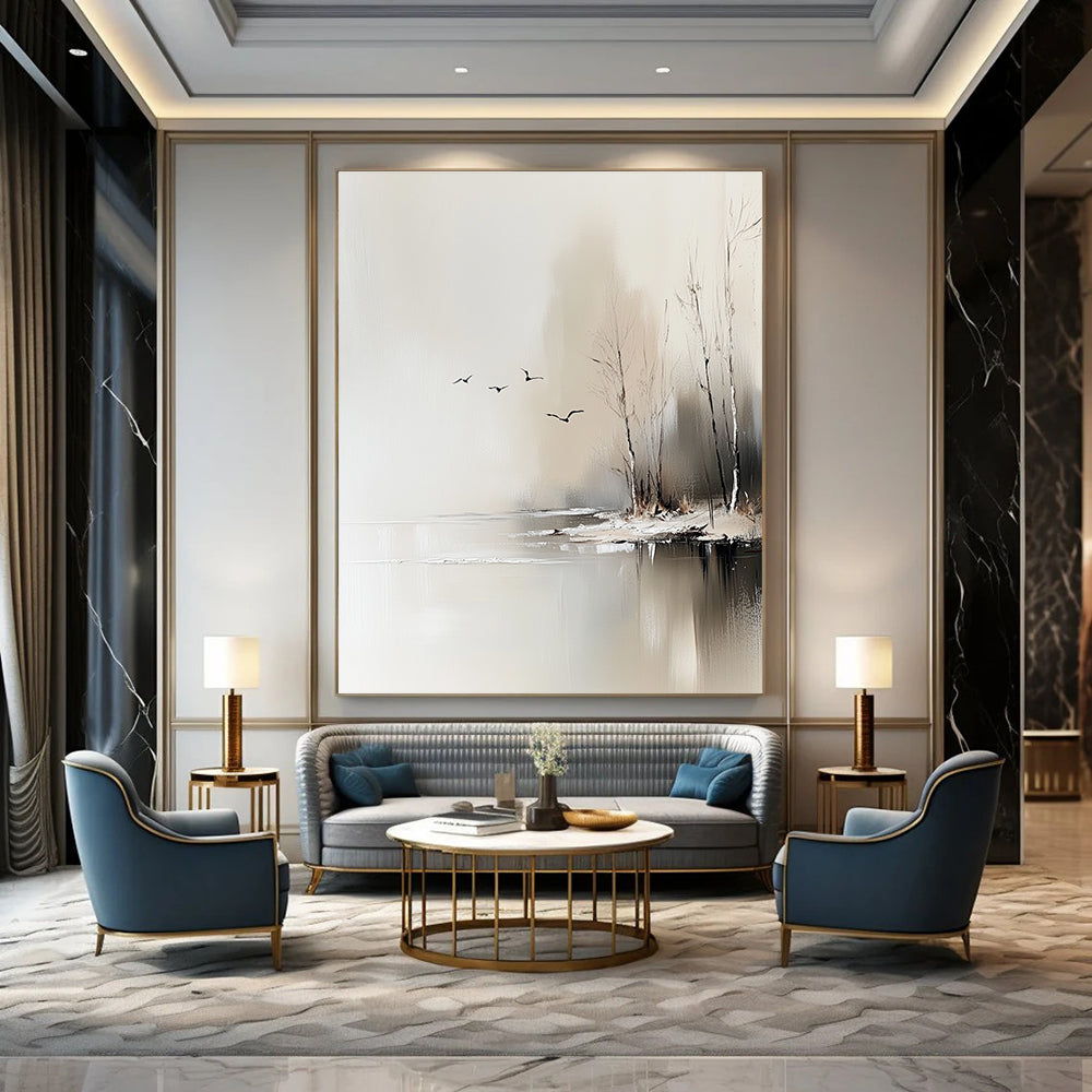 Large abstract painting depicting trees by an icy lake with flying birds, featuring neutral colors and delicate textures in a serene minimalist style.STSC105