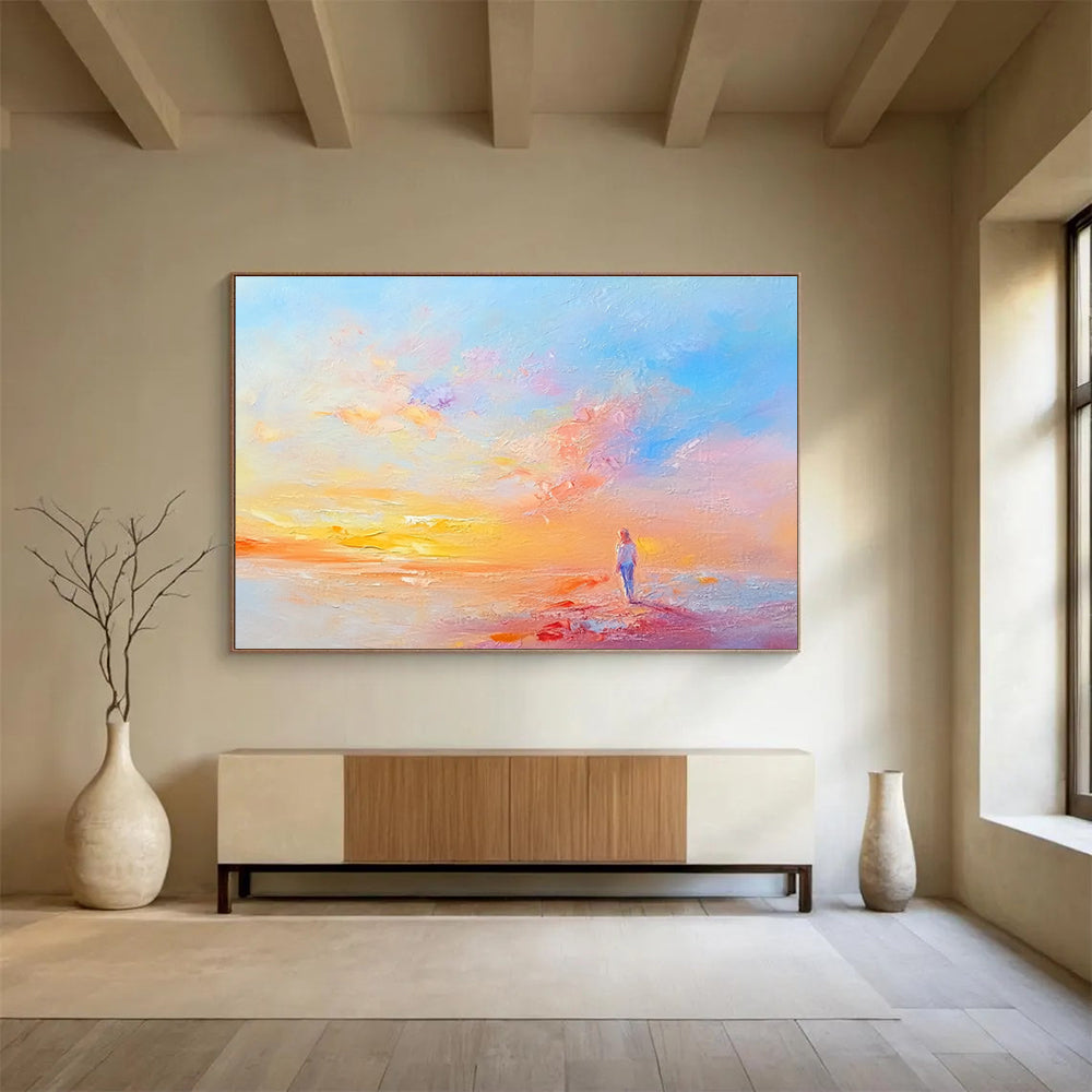 Large abstract painting featuring serene pastel colors soft brushstrokes and tranquil landscapes evoking a peaceful atmosphere at dawn.SC281