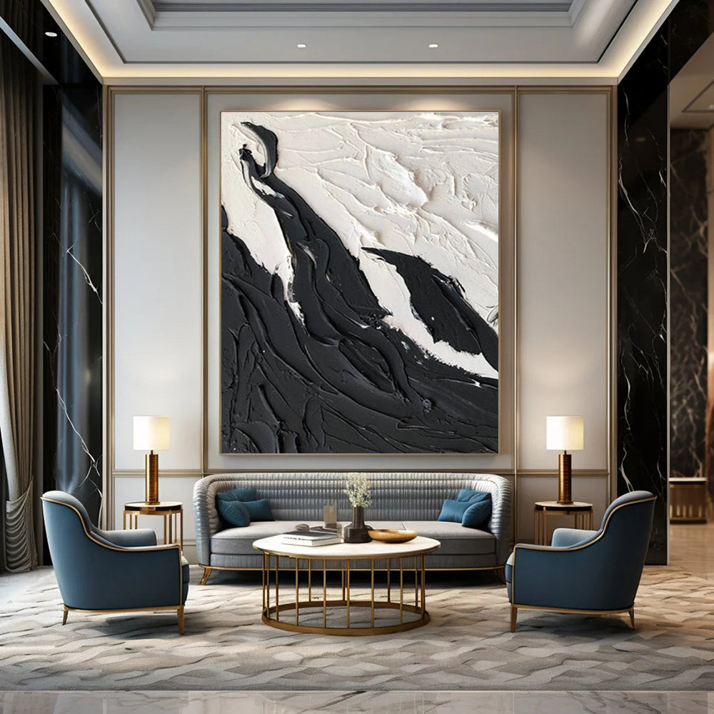 Black and White Textured Abstract Painting with Mountain - like Forms ADGE404