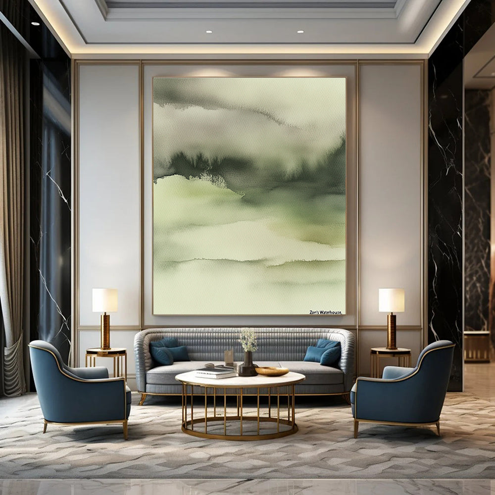 Large abstract painting in muted tones featuring soft dreamy colors and blurred edges with intricate details in ink wash style on a beige background.STSC068