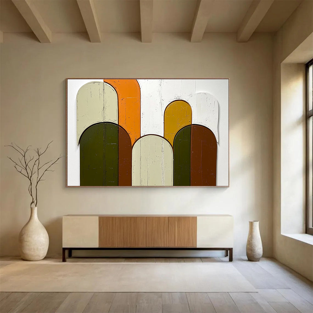 Colorful Arched Shapes Abstract Painting with Green Orange and Brown Tones DYP587
