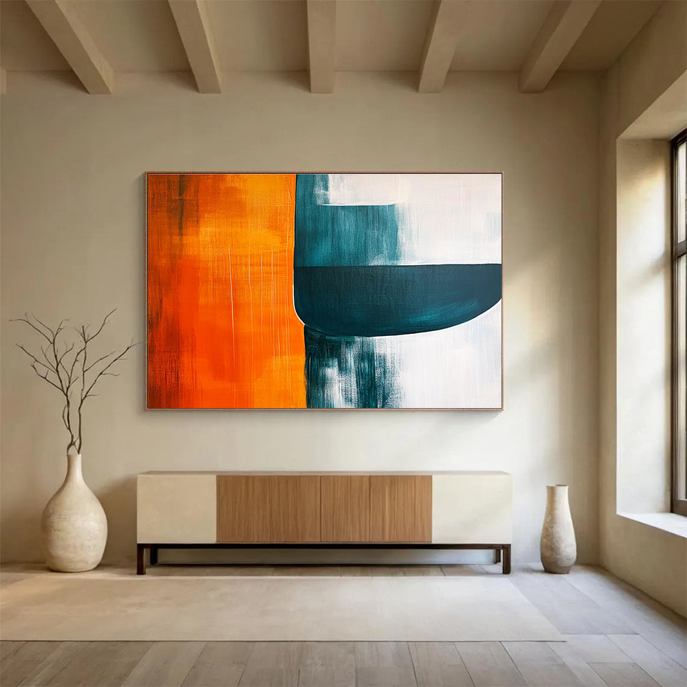 Large abstract painting featuring orange teal and grey shapes on a white background with negative space enhancing visual depth and minimalist style.SC249