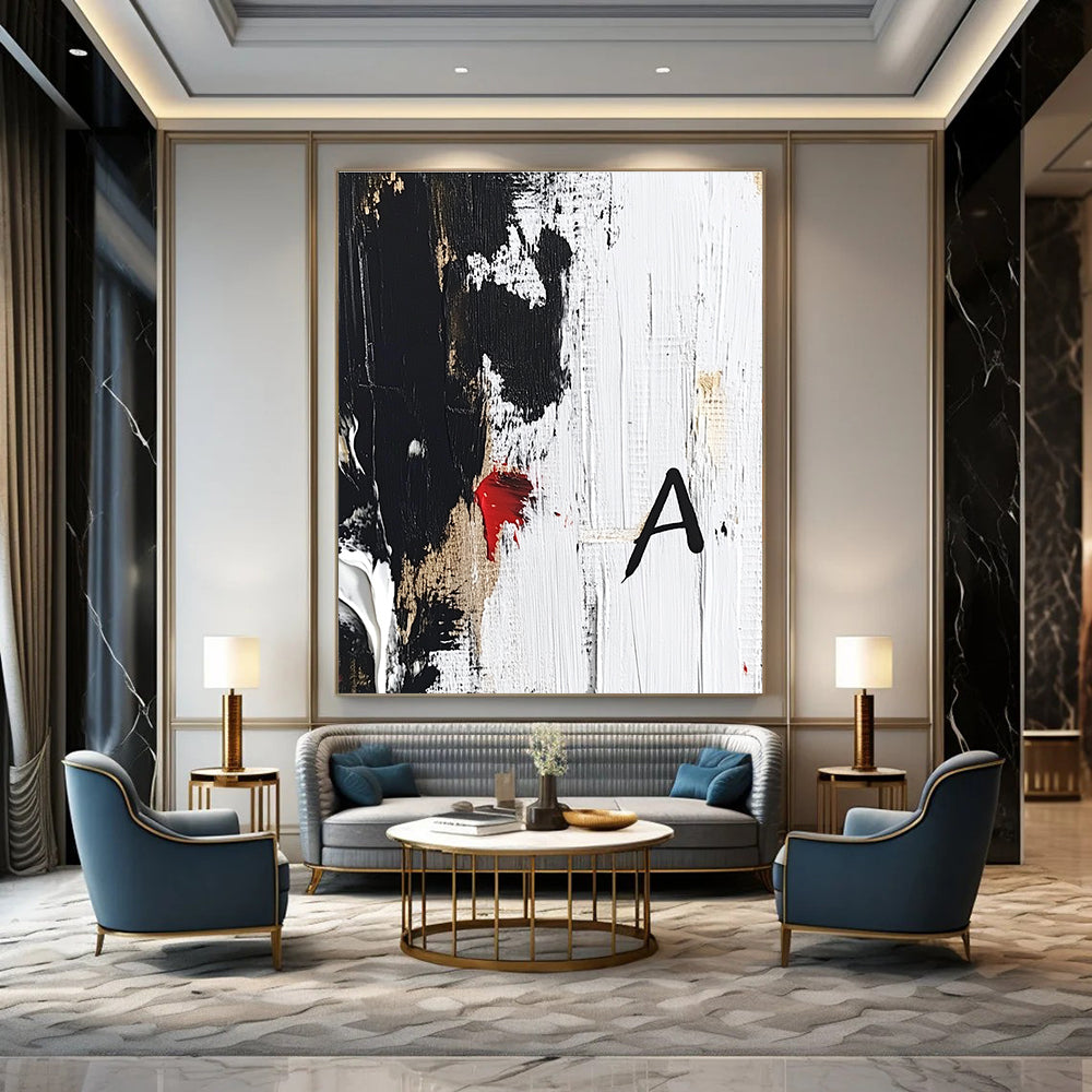 Large abstract painting in black and white with red accent showcasing thick brushstrokes and textures on a white background with signature A.STSC026