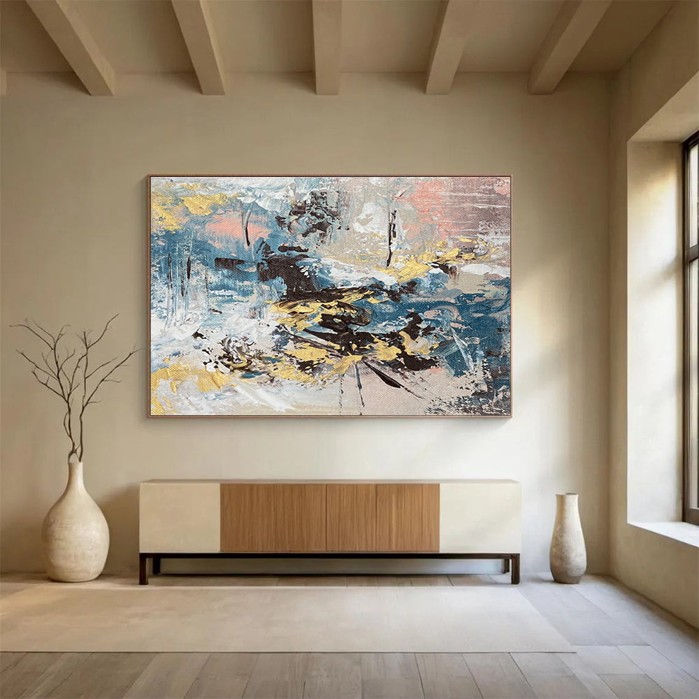 Colorful Abstract Blend Painting with Blue, Yellow, and Pink Hues THY340