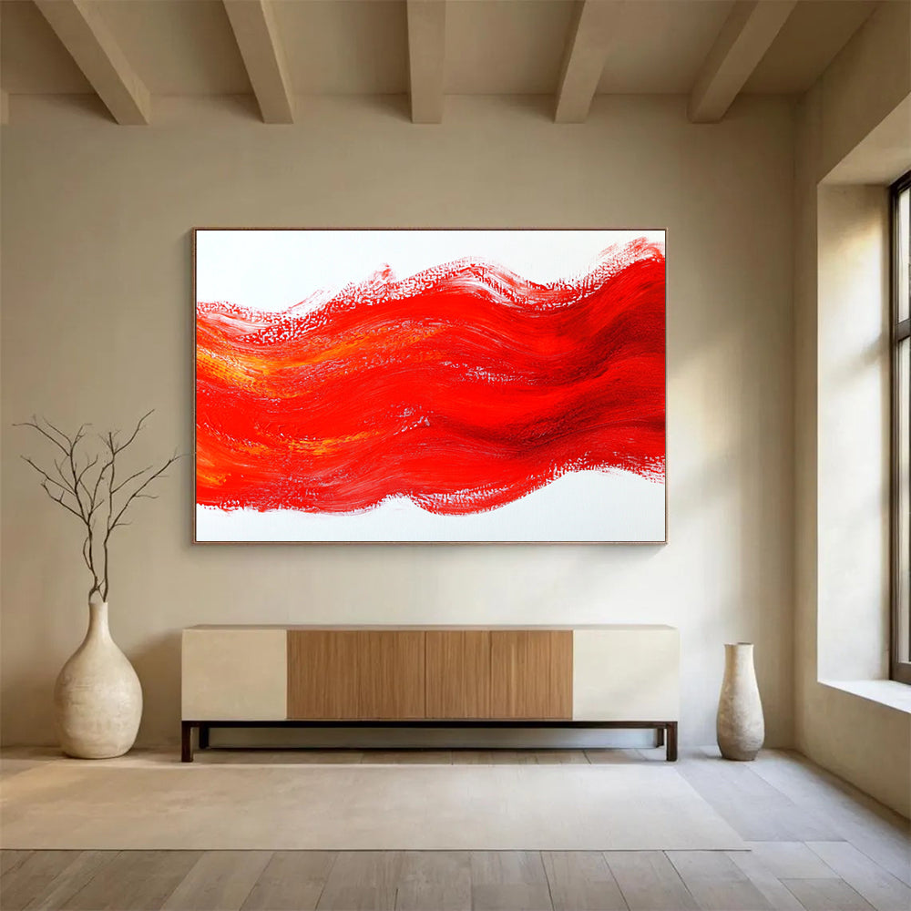 Bold abstract painting with red brushstrokes and flowing lines creating a dynamic interplay of light and shadow on a white background.SC609