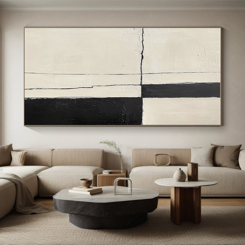 Black and White Geometric Abstract Painting with Cracked Edges GER178