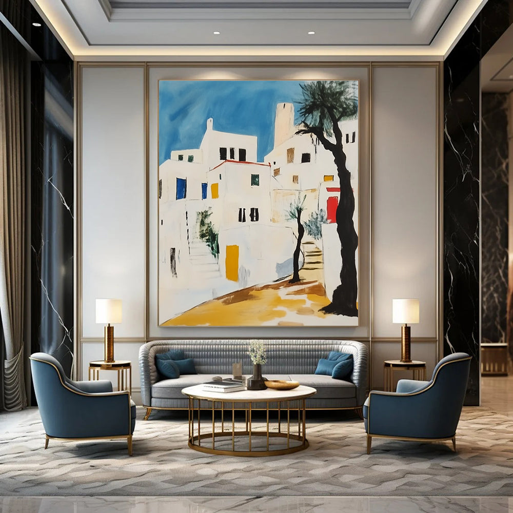 Abstract painting featuring white Greek buildings with black lines yellow accents and red elements against a light blue sky with greenery and a lone tree.STSC1106