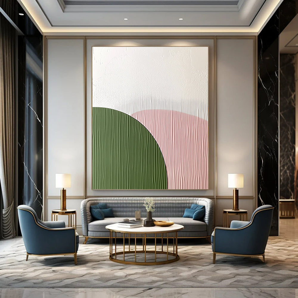 Abstract art featuring an arch-shaped wall decoration with a smooth white top and green textured paper bottom in soft pink pastel colors.STSC935
