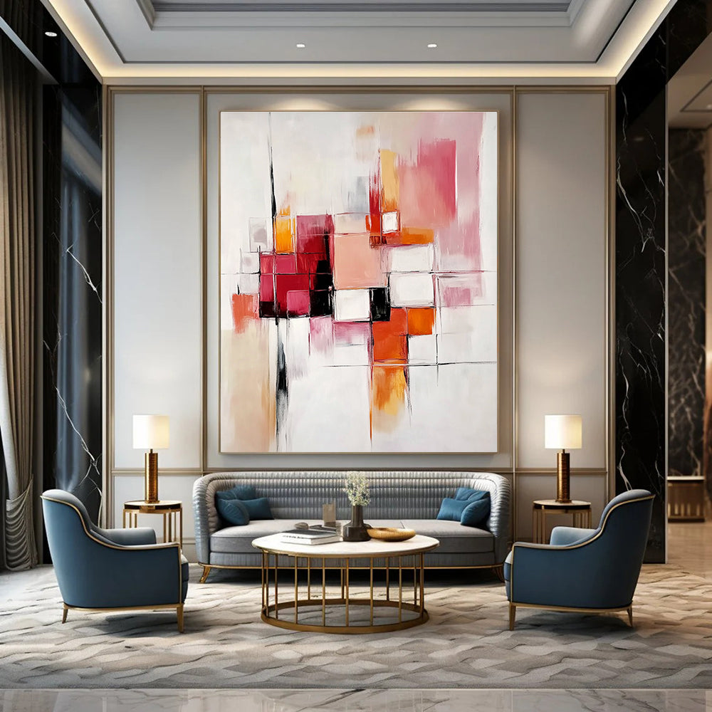 Abstract oil painting with bold brush strokes and geometric shapes in light pink, orange, red, white, grey, and beige on a white background.STSC582