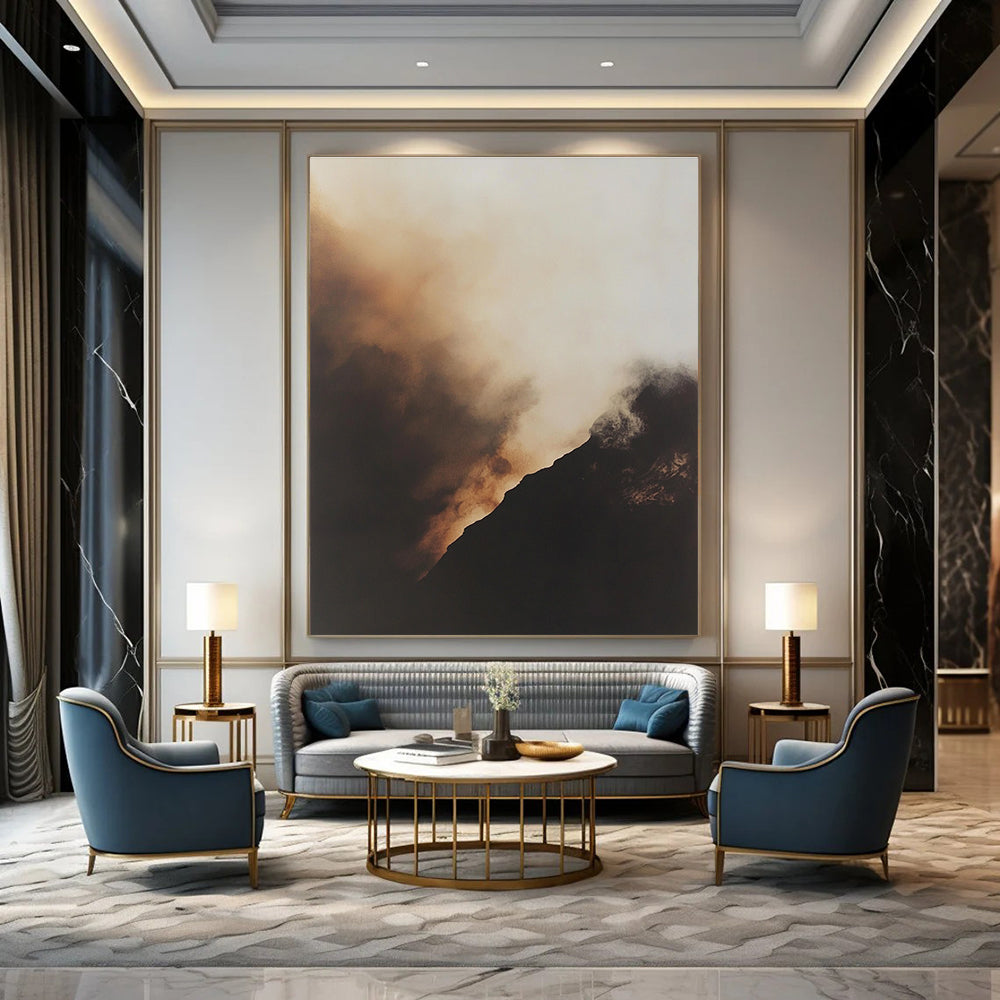 Large abstract painting of smoke rising in a misty atmosphere with a black mountain and golden glow capturing muted tones and hyperrealistic details.STSC698