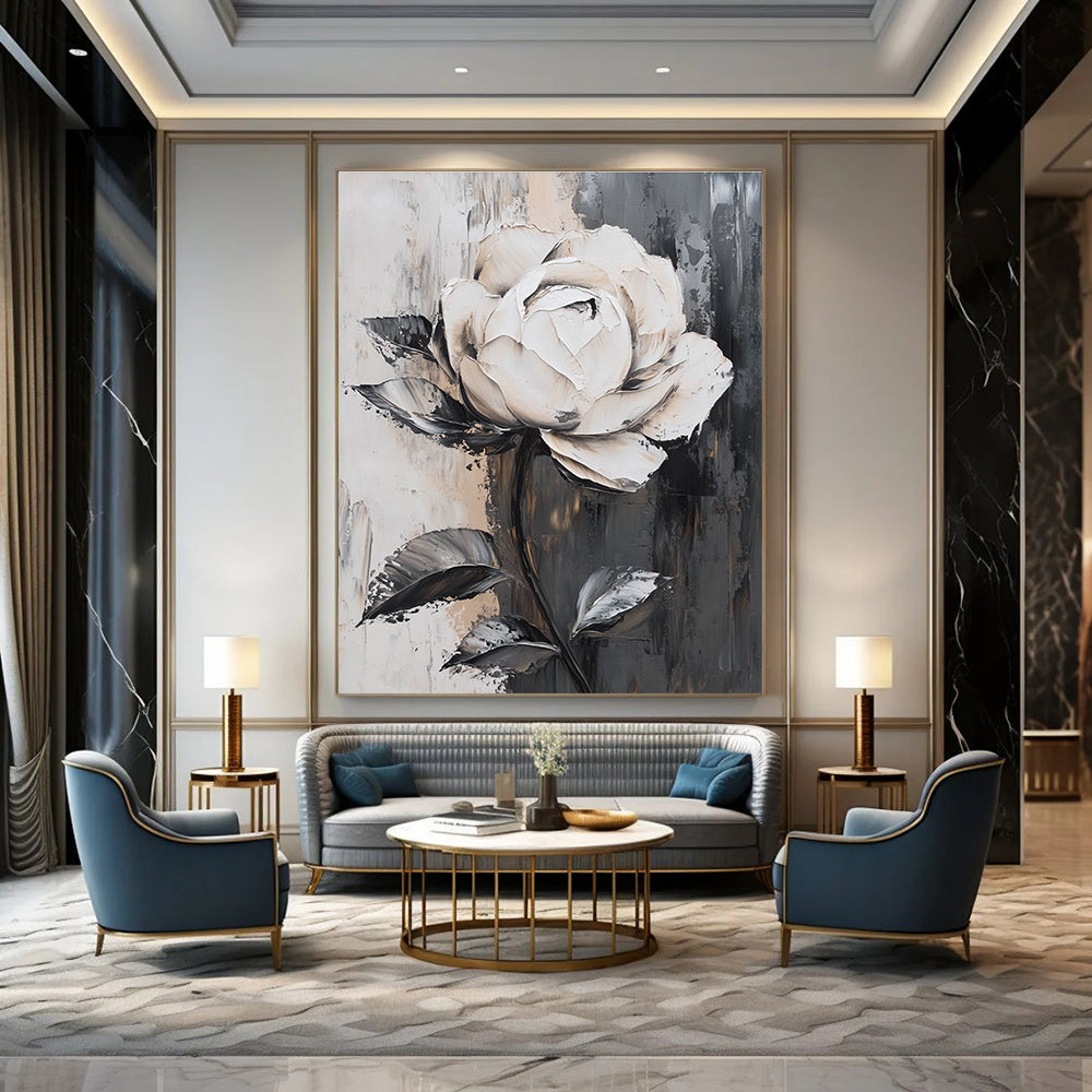 Large abstract white rose painting with exquisite details on gray background featuring elegant lines and stunning light effects in luxurious colors.STSC522