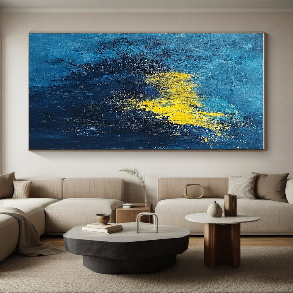 Deep Blue and Yellow Abstract Painting with Dynamic Splashes GER395