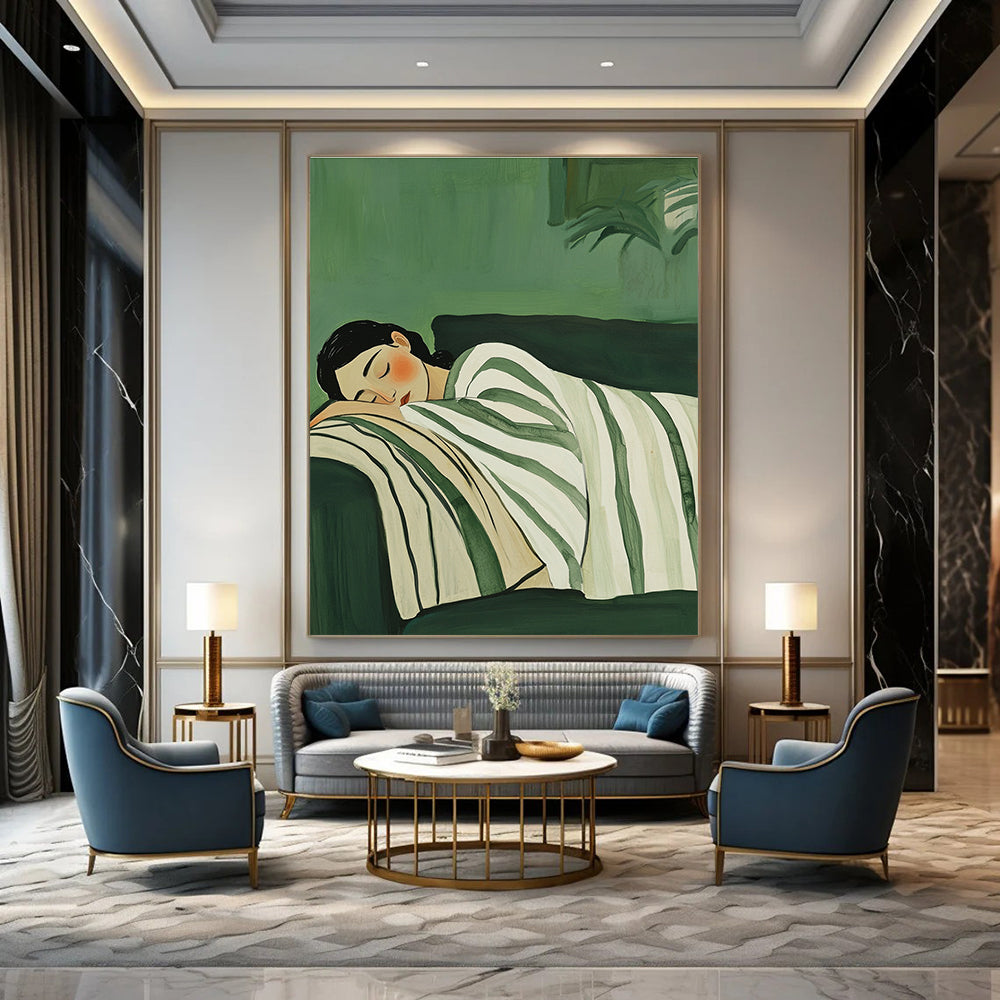 Abstract painting of a woman sleeping on a couch wrapped in a white and green striped blanket on a muted green background.STSC1264