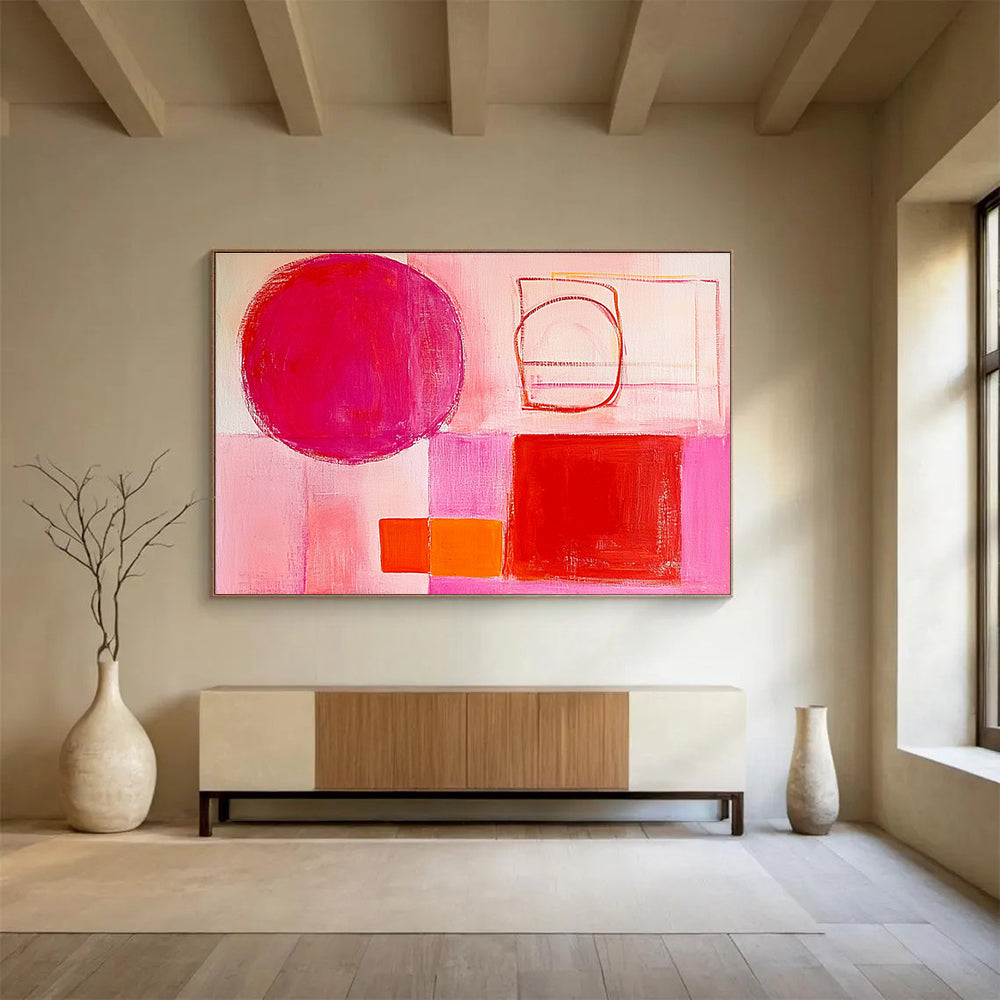 Pink - Toned Abstract Painting with Red and Orange Shapes DYP131