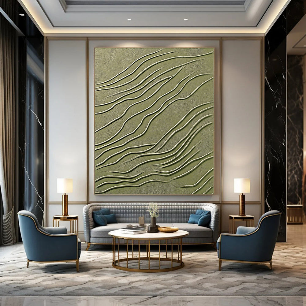 Abstract artwork featuring modern organic lines in olive green with white accents and textured details for an elegant decorative touch.STSC1359