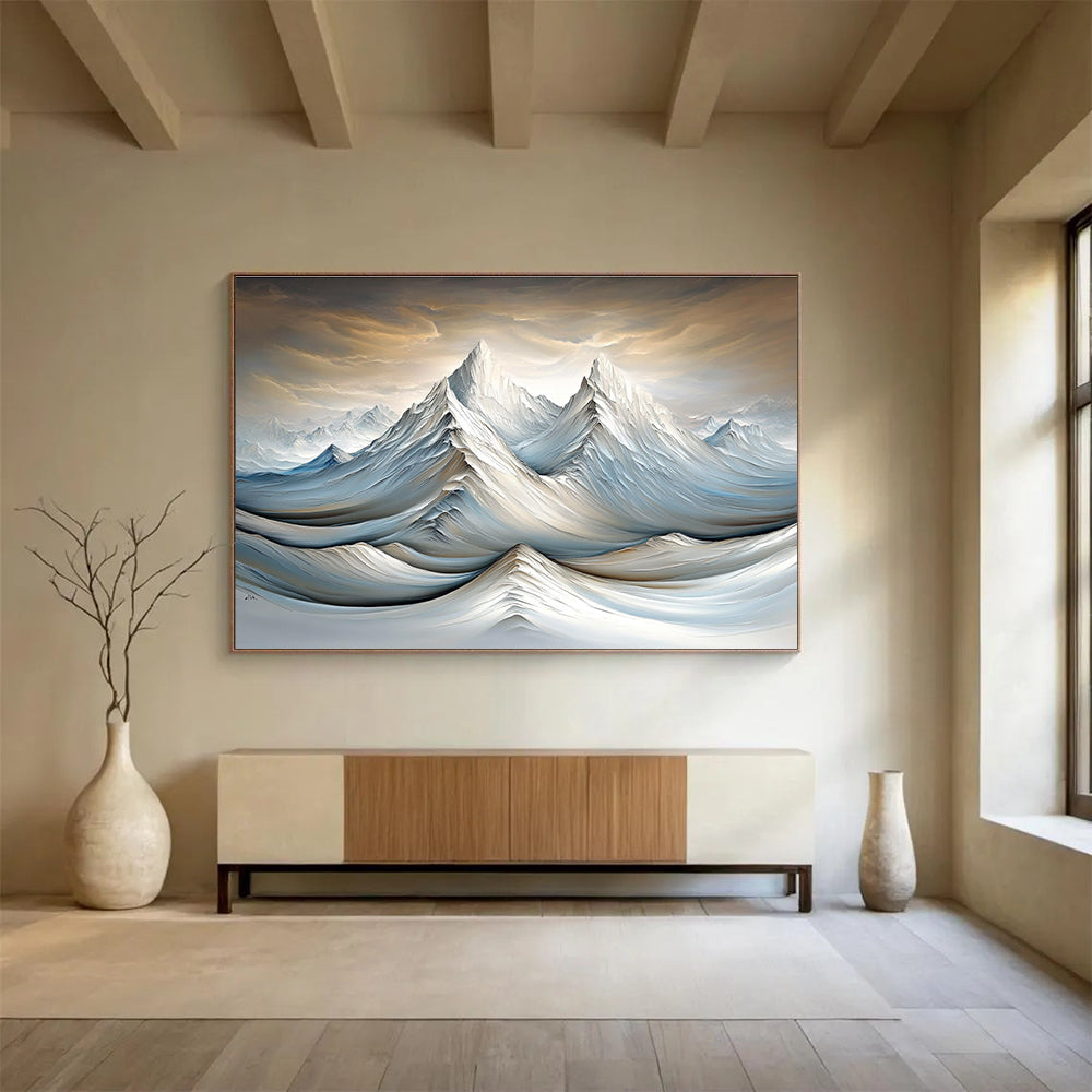 A large abstract painting featuring snowy mountains and rivers with soft lighting and delicate brushstrokes in a surreal gray and brown atmosphere.SC612