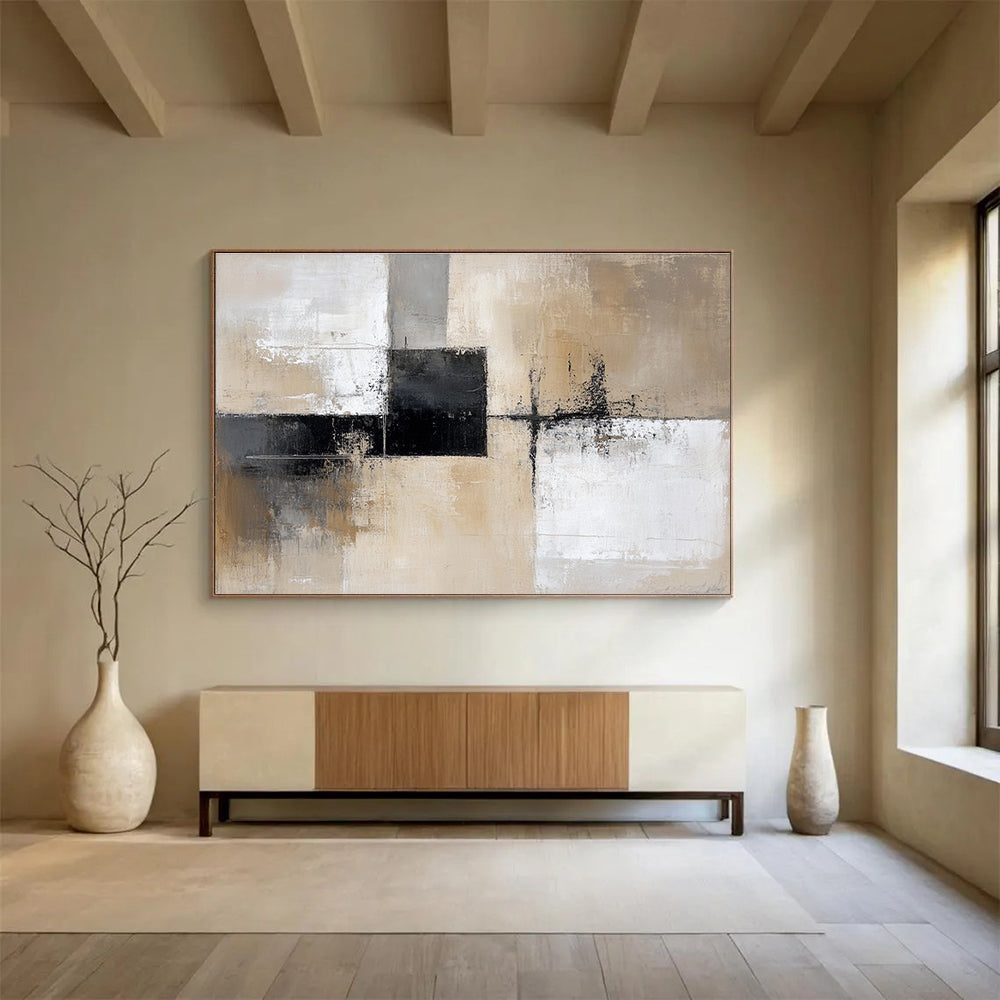 Neutral Geometric Abstract Painting with Beige and Black Tones DYP527