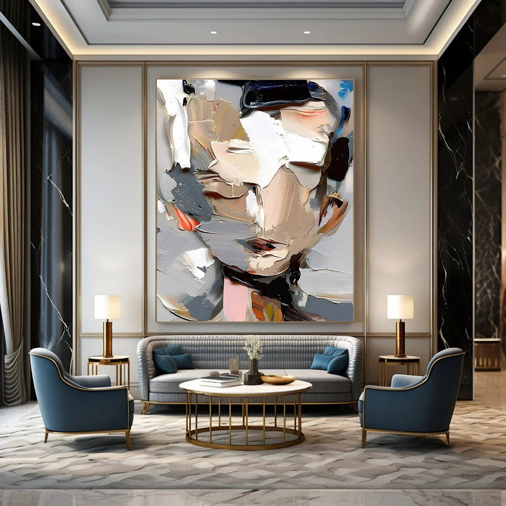Color - layered Portrait Abstract Painting with Gray and Beige ADGE320