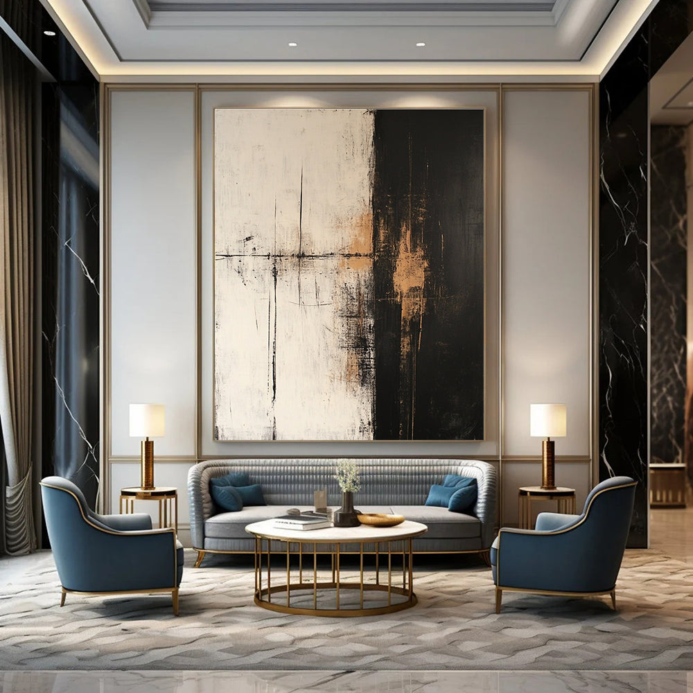Large abstract oil painting in dark white and light beige with golden details on a dark gray background featuring minimalist and atmospheric style.STSC600