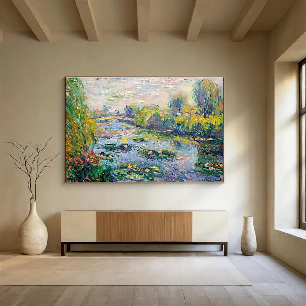 Water Lily Garden Abstract Painting with Green, Blue, and Pink Tones THY197