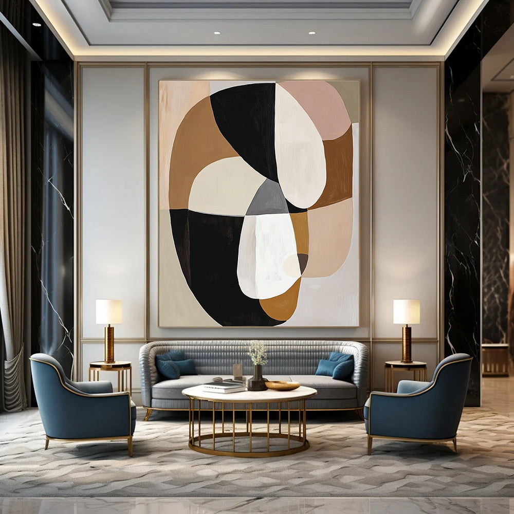 Large abstract painting featuring loose black white and beige shapes in neutral muted tones inspired by Marie Livingstone.STSC740