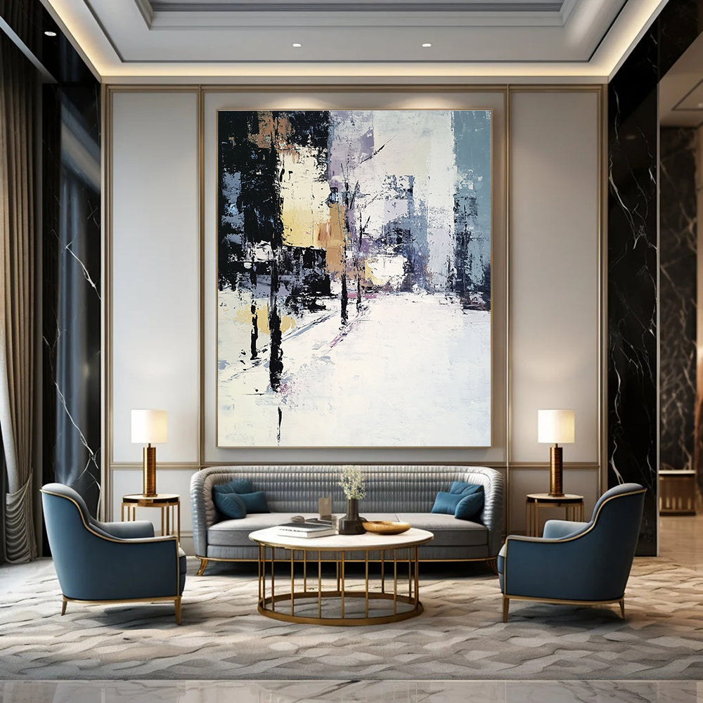 Large Abstract Oil Painting of a Winter Cityscape in Muted Whites and Greys with Beige and Black Accents, Perfect for Modern Decor.STSC159