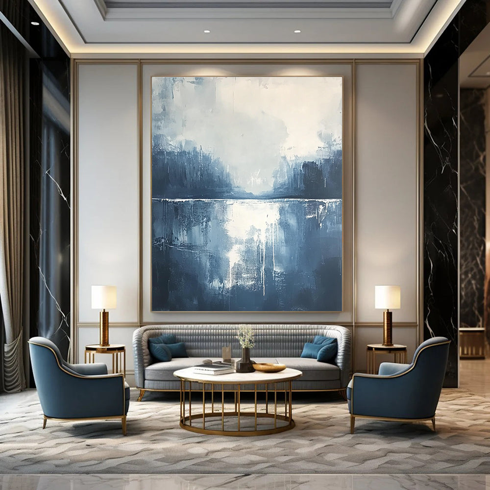 Large abstract painting of misty clouds and water in dark blue and grey with white accents creating an atmospheric and detailed composition.STSC322