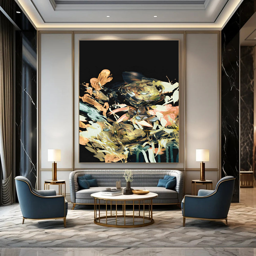 Colorful Floral Abstract on Black Background Painting ADGE171