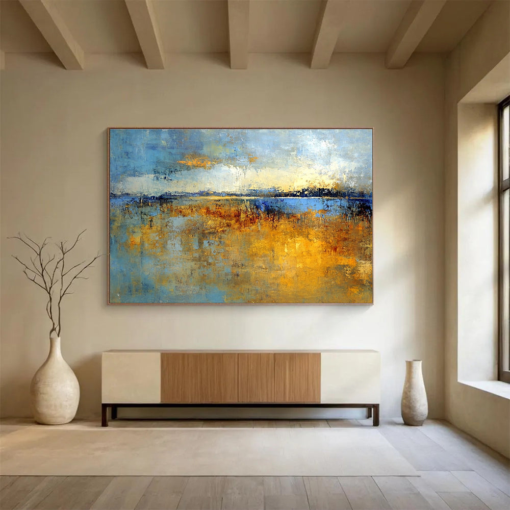 Large abstract painting of marshlands in soft earth tones and blues with gold hints, evoking nostalgia for early mornings in Richard Schmid's style.SC361