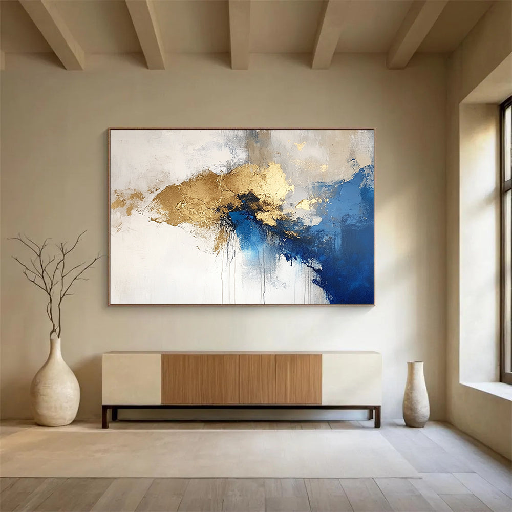 Blue Gold and White Abstract Painting with Fluid Shapes DYP183