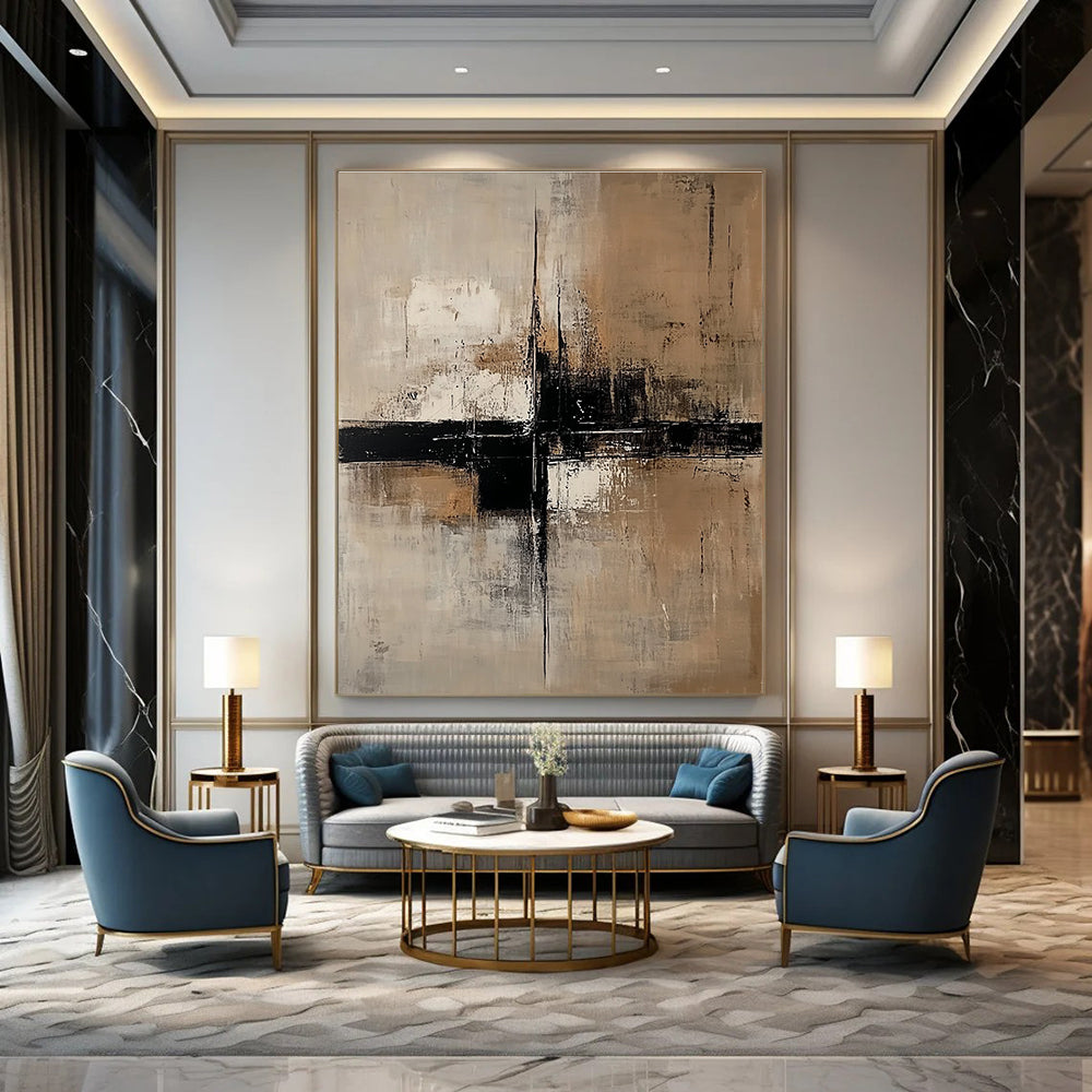 Large abstract painting featuring neutral tones of beige and white with black accents and large vertical lines on a dark gray background.STSC238